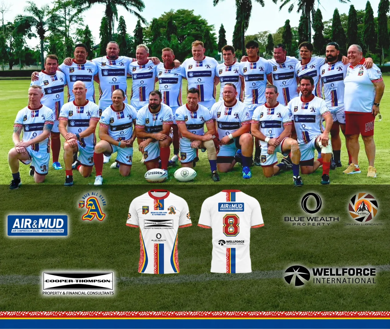 Real sports team wearing custom sublimated teamwear with club colours, sponsor logos and player numbers