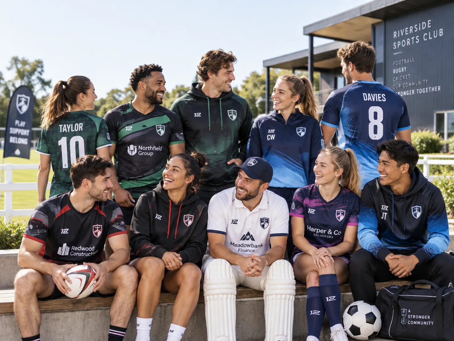 Players and coaches wearing custom sublimated club teamwear